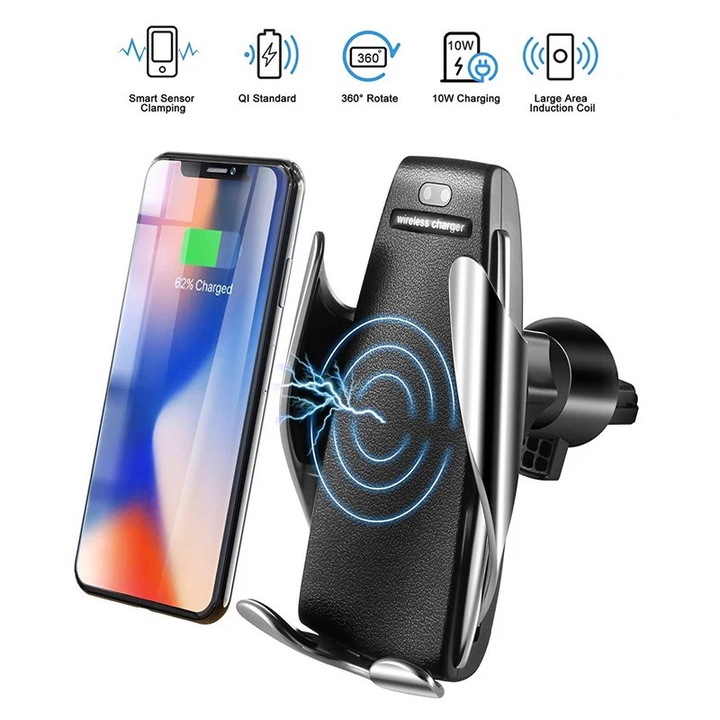 Incarcator wireless auto automat, Loowoko™ S5, de masina, cu prindere in grila de ventilatie, senzor de apropiere, 10W Fast Charge, compatibil universal standard Qi, Samsung, Apple, Huawei, Sony, Nokia, Xiaomi, Lenovo, Oppo, Negru