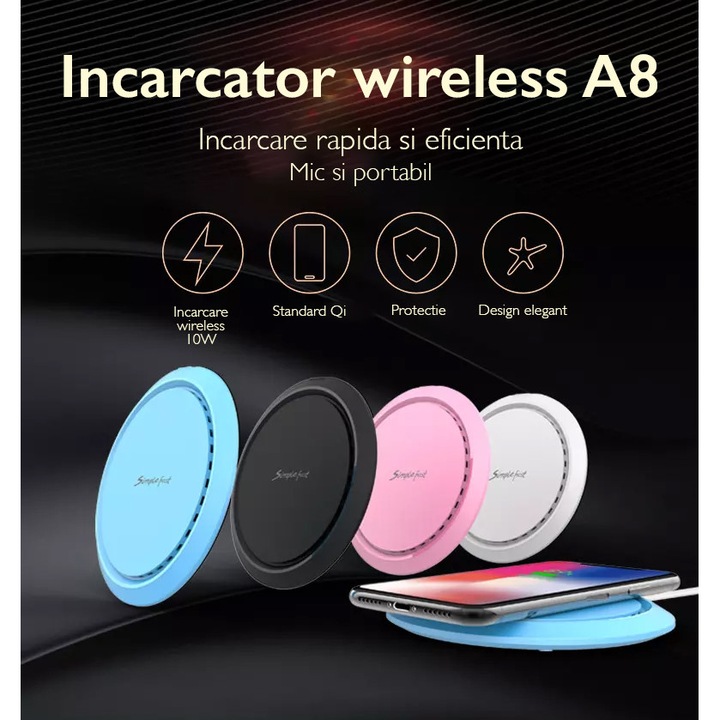 Incarcator wireless de birou rotund Loowoko™ A8, 10W Fast Charge, ultrasubtire, lumina led, identificare obiecte straine, compatibil universal standard Qi, Samsung, Apple, Huawei, Sony, Nokia, Xiaomi, Lenovo, Oppo, Negru