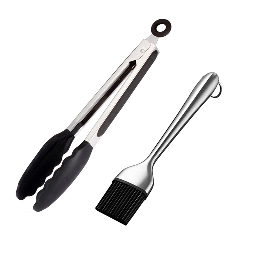 Set 2 accesorii gratar, Otel inoxidabil/Silicon, Rezistent la caldura, Negru/Argintiu