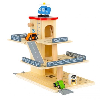 Parcare cu lift si garaj din lemn, cu 2 masini si un elicopter, 36x25x14 cm Parcare cu lift si garaj din lemn, cu 2 masini si un elicopter, 36x25x14 cm