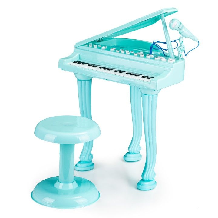 Set Complet Muzical Copii cu Pian Electronic, Microfon, si Scaunel, "LikeSmart Piano Blue", Karaoke, 36 Taste Pian, Melodii si ritmuri diferite, Mp3, Posibilitatea de a conecta un telefon, Albastru