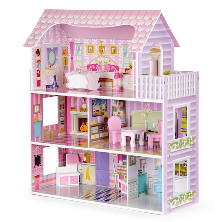 Къща за кукли от естествено дърво без остри ръбове, "ISP LikeSmart Montana Residence" с 3 етажа, 5 стаи и 9 мебели, LED светлини, 70 см височина, бледо розово