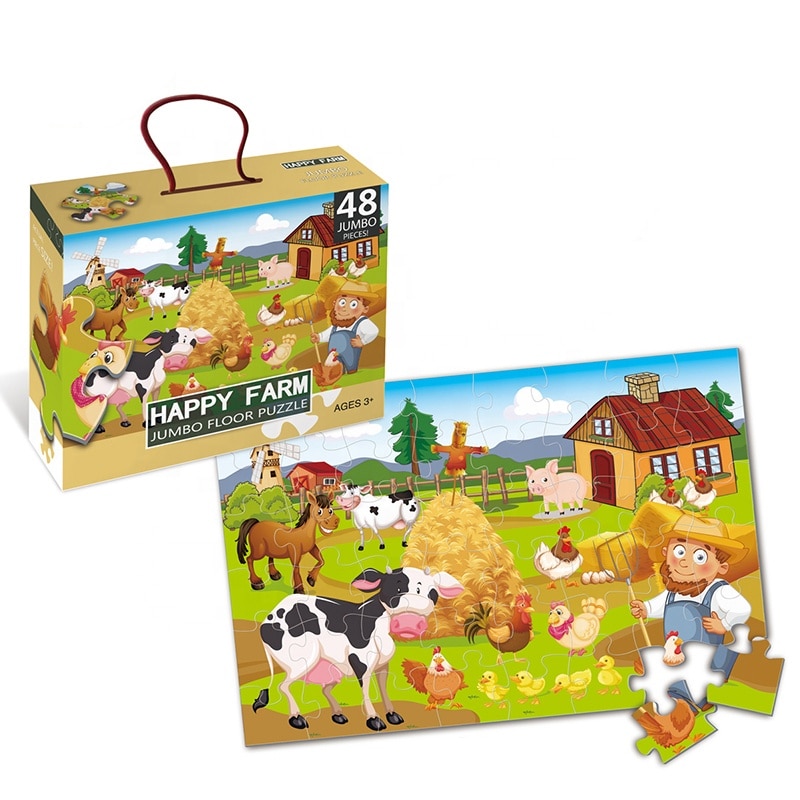 Puzzle gigant de podea cu 48 de piese de carton groase si rezistente vopsite luciox si non toxic pentru copii, Ferma