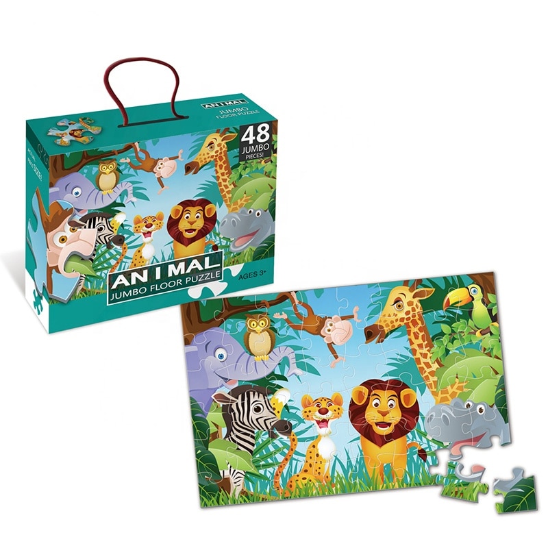 Puzzle gigant de podea cu 48 de piese de carton groase si rezistente vopsite luciox si non toxic pentru copii, Animalele Africii