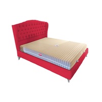 Pat tapitat Dream Rosu, MobAmbient, cu tablie Chesterfield din catifea, somiera metalica rabatabila, lada de depozitare, pentru saltea 160 x 200 cm
