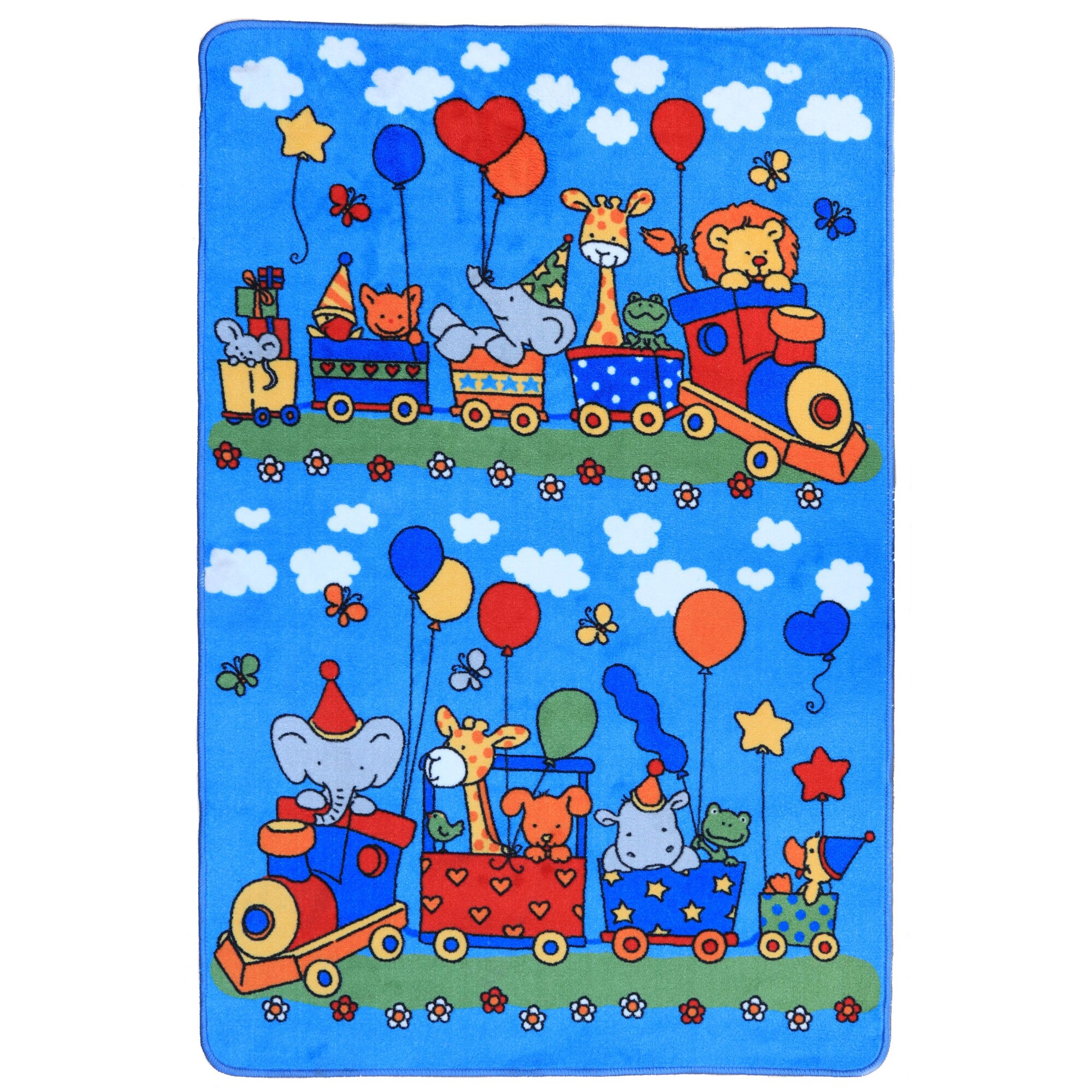 Covor Pentru Copii, Neva, Trenulete, Albastru, Tesatura Plata, 100x150 cm