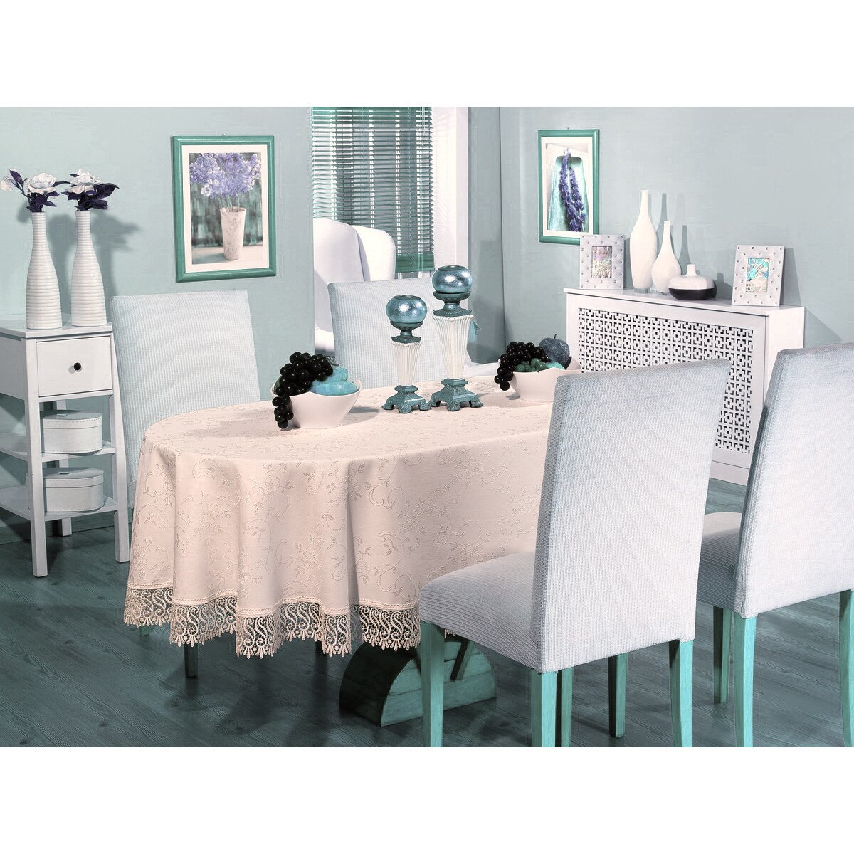 Fata de masa Valentini Bianco, ovala , de culoare crem, 160x220 cm, cu broderie in centru si pe margine , model KDK