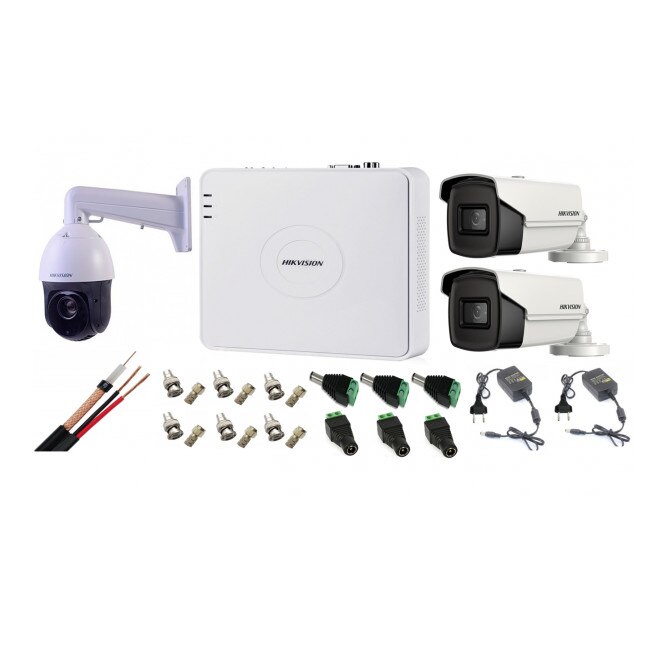Kit supraveghere Hikvision 3 camere 1 Speed Dome TurboHD 2MP IR100m zoom25X, 2 camere 5MP ir40m full accesorii
