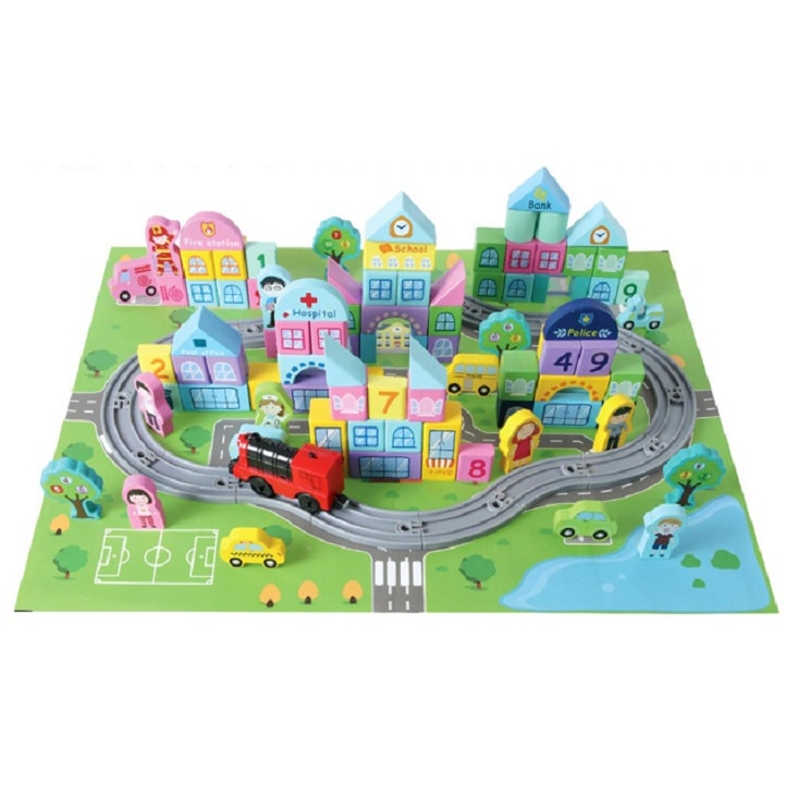 Cuburi de constructie din lemn,trenuletul electric,111 piese