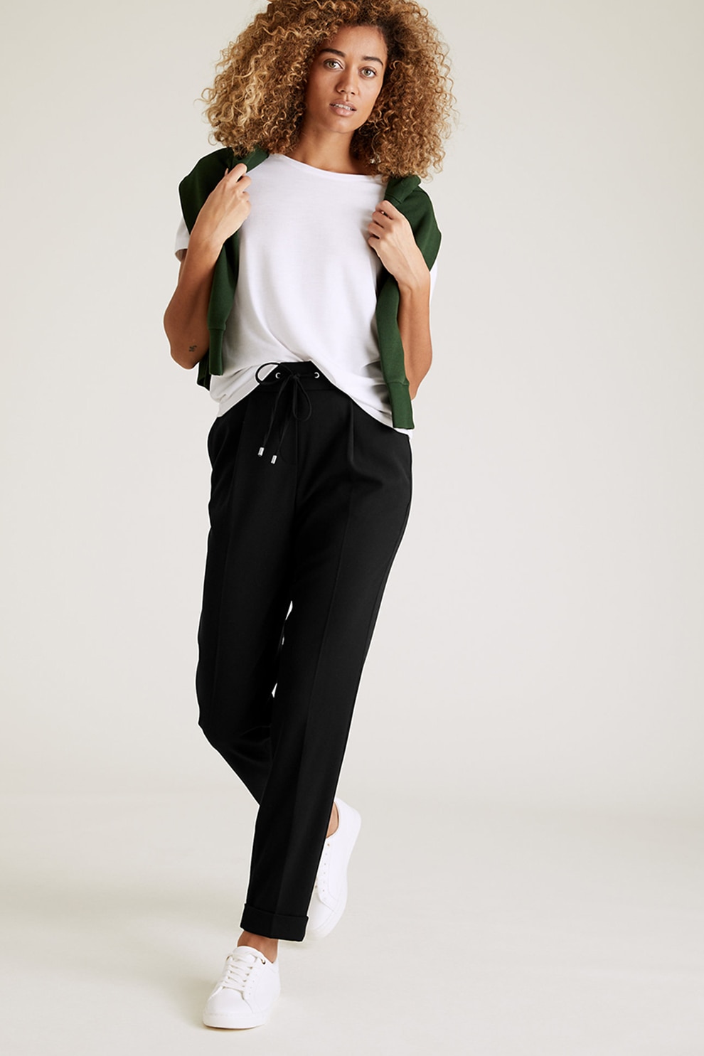 Marks & Spencer, Pantaloni conici cu snur de ajustare, Negru