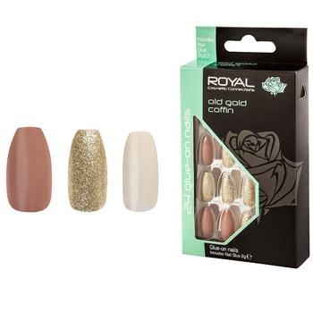 Set 24 Unghii False ROYAL Glue-On Nail Tips, Old Gold Coffin, Adeziv Inclus 2 g Set 24 Unghii False ROYAL Glue-On Nail Tips, Old Gold Coffin, Adeziv Inclus 2 g