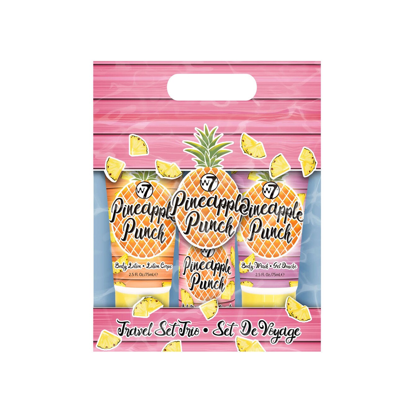 Set cu Lotiune de corp, Spray de corp si Gel de dus cu ANANAS, W7 Travel Set Trio Pineapple Punch, 75 ml x 90 ml x 75 ml