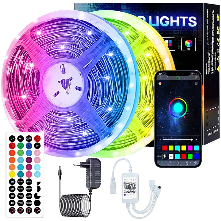 Kit Banda LED RGB YWX, 20 Metri, Bluetooth Controlul APP, cu Telecomanda IR 44 Taste, SMD 5050, 12V, Multicolor