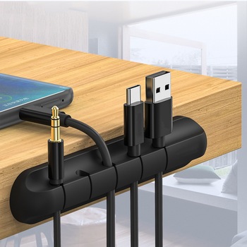 Organizator Multifunctional pentru Cabluri, Silicon Flexibil, Autoadeziv, Sistem sustinere pentru 5 Cabluri Birou sau Incarcatoare, Negru Organizator Multifunctional pentru Cabluri, Silicon Flexibil, Autoadeziv, Sistem sustinere pentru 5 Cabluri Birou sau Incarcatoare, Negru