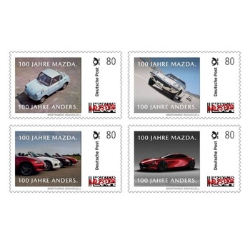 Set 4 timbre Mazda, editie speciala 100 de ani, R 360, Cosmo Sport, gama MX-5, RX-Vision Set 4 timbre Mazda, editie speciala 100 de ani, R 360, Cosmo Sport, gama MX-5, RX-Vision
