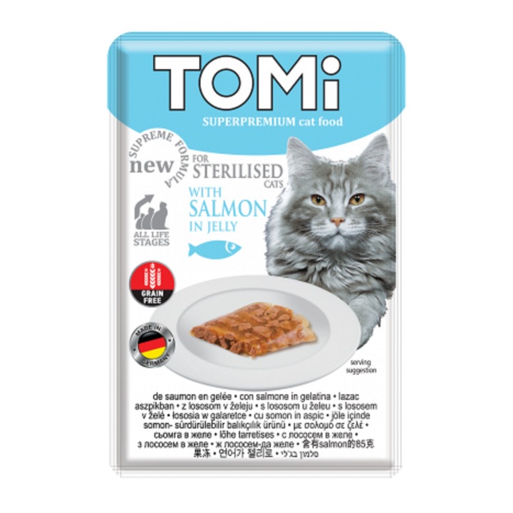 Nedves táp sterilizált macskáknak, Tomi, lazac aszpikban, zacskó 85 g