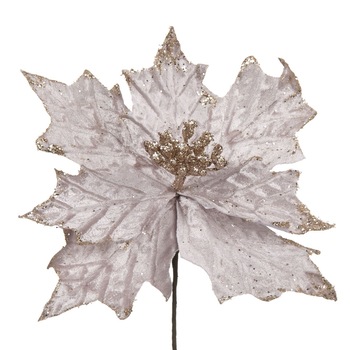 Floare de Craciunita cu bat , Alb cu sclipici , 27 cm Floare de Craciunita cu bat , Alb cu sclipici , 27 cm