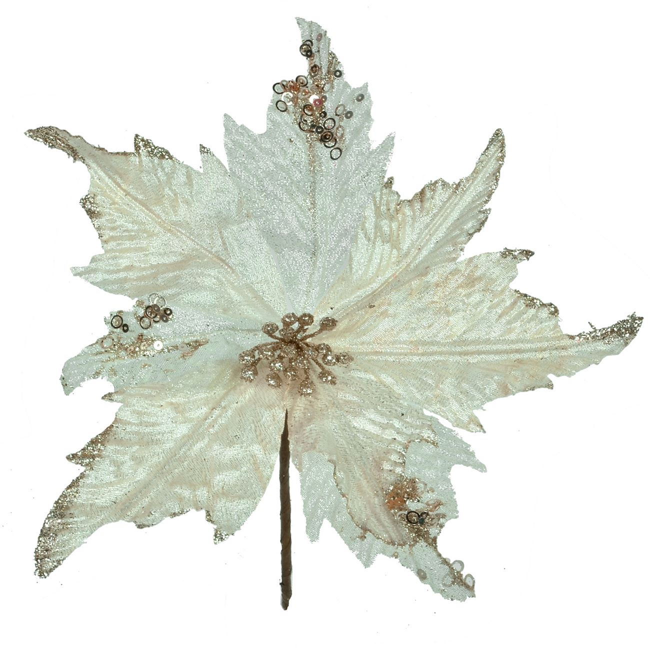 Floare de Craciunita cu bat , Alb cu sclipici , 31 cm