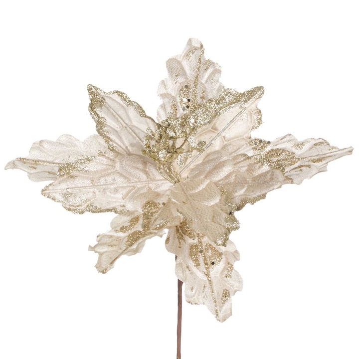 Dekoratív karácsonyi virág, karácsonyi modell, pezsgő bézs színű, bársonyszirmok, csillogás, 20 cm