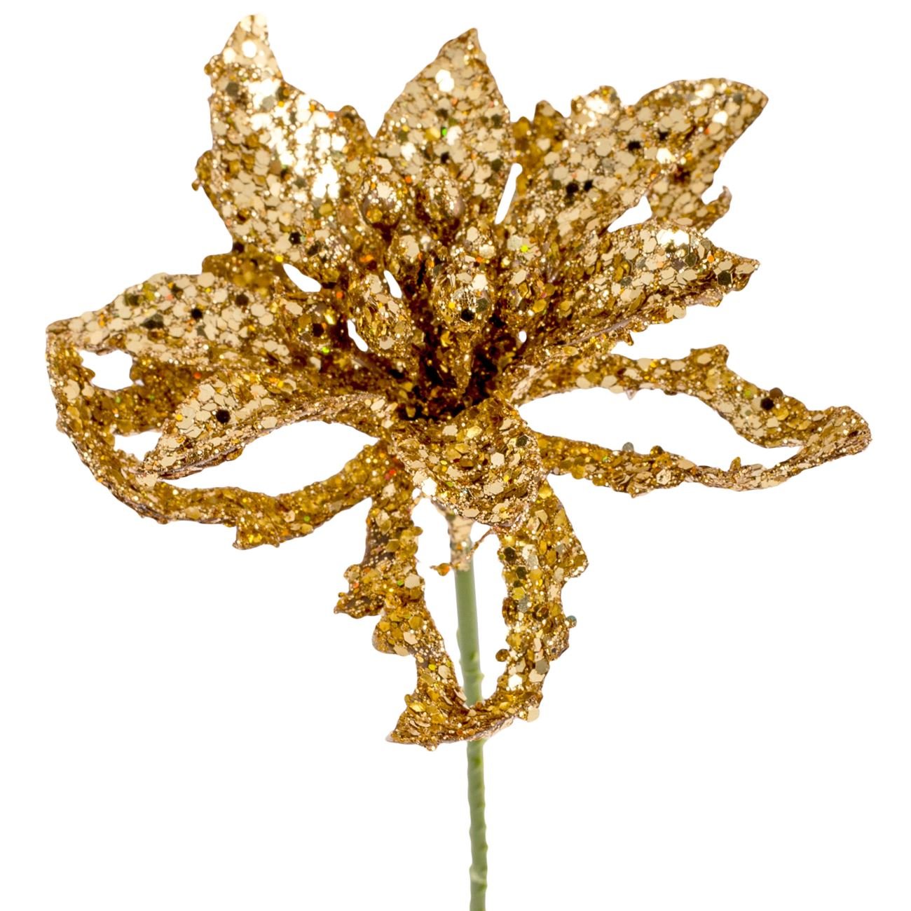 Floare aurie decorativa lucioasa de Craciun, Lioness, 15.5 cm