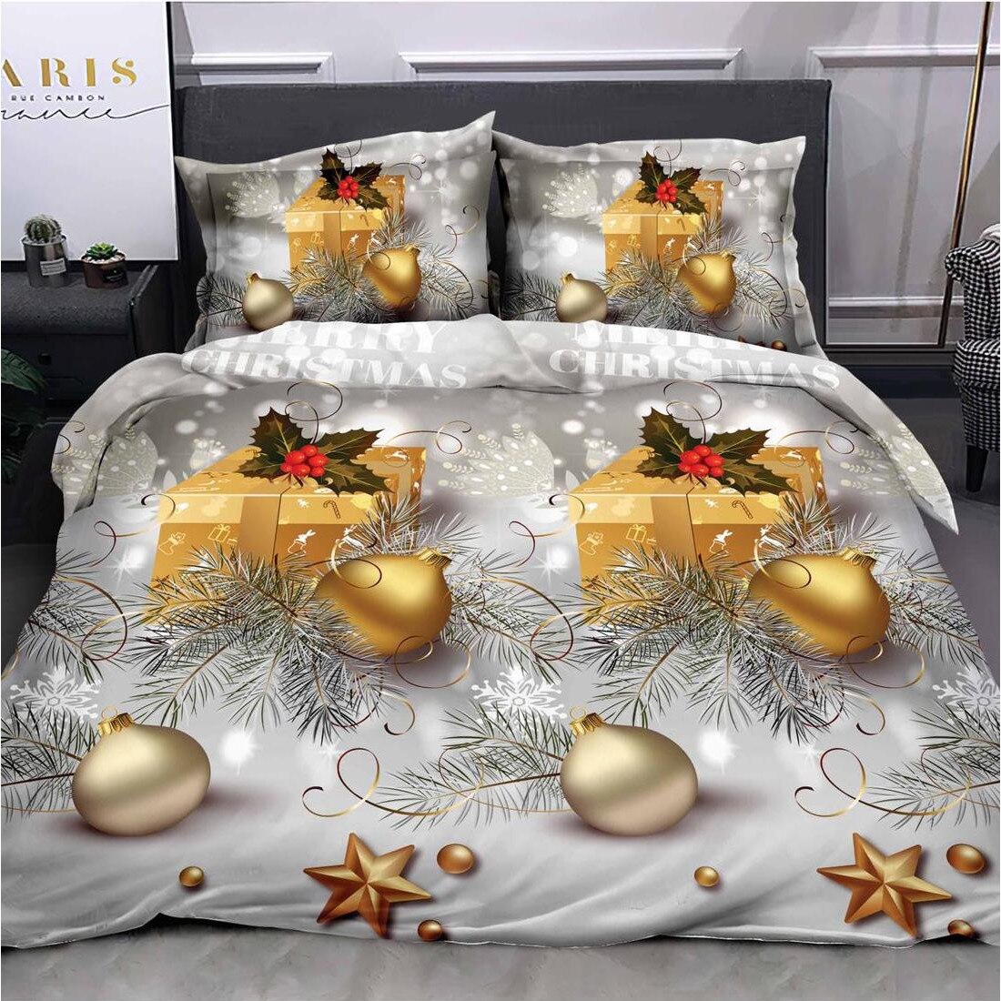 Lenjerie de pat de Craciun 2 persoane, 6 piese bumbac finet color JK179