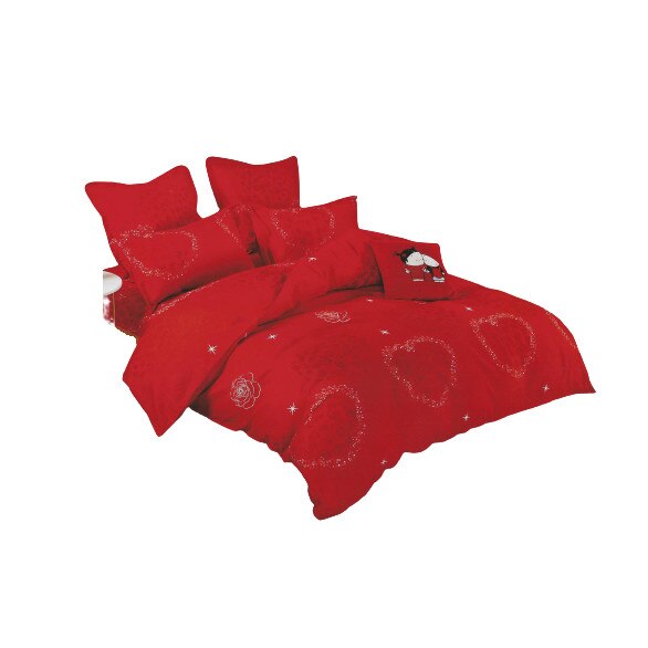 Lenjerie de pat 2 persoane, Pucioasa, bumbac finet, 6 piese, rosu