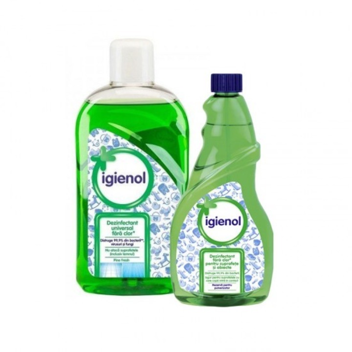 Опаковка Универсален дезинфектант Igienol Pine Fresh 1L + Дезинфектант за малки повърхности Igienol Mar Verde reserve, 750 ml