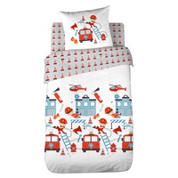 Set asternut 2 piese copii AIX©, bumbac, imprimat cu pompieri, 2 fete, 140x200cm