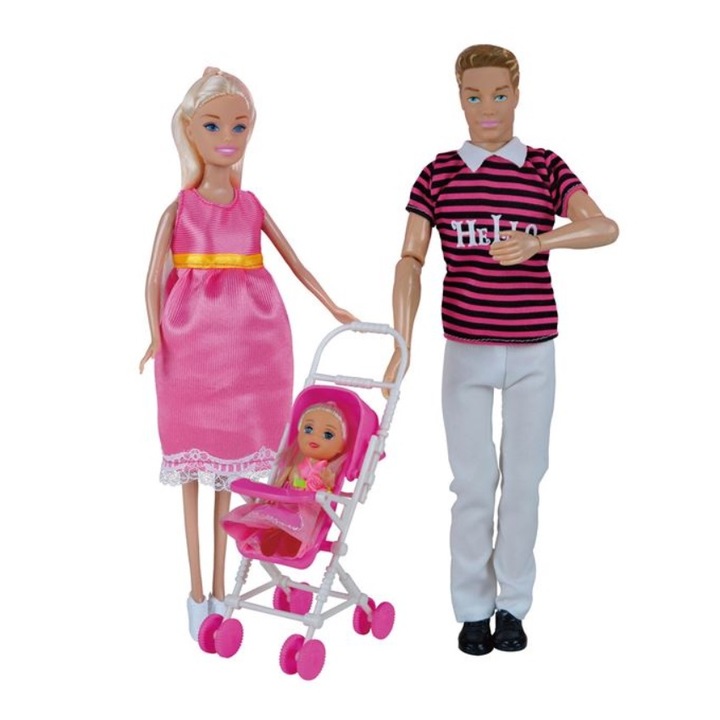 Babakészlet - Boldog család, Anya, Apa, lány és babakocsi, HAPPY FAMILY, Többszínű