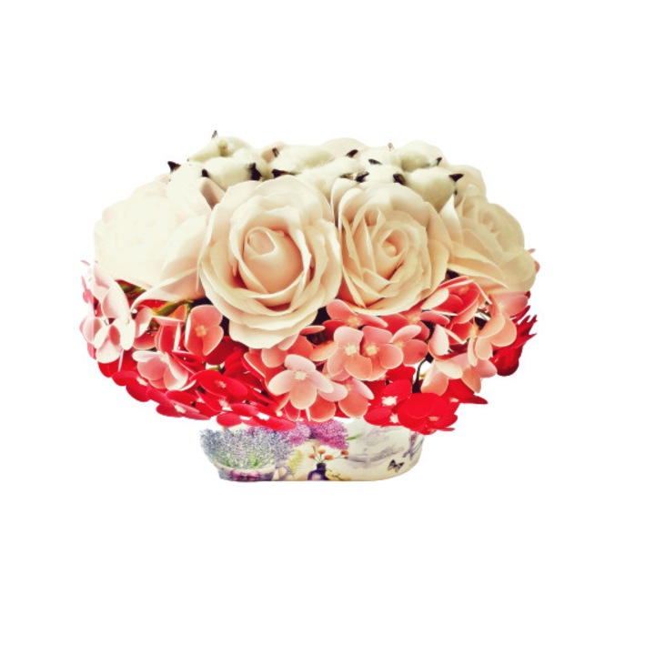 Aranjament floral din flori de sapun, trandafiri, hortensii si flori de bumbac, 24 fire, multicolor