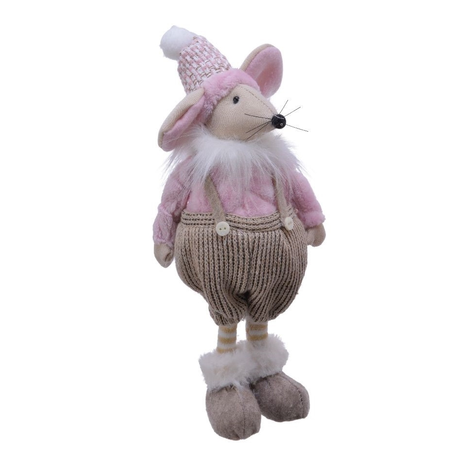 Figurina textila, soricel, alb/roz, 26 cm
