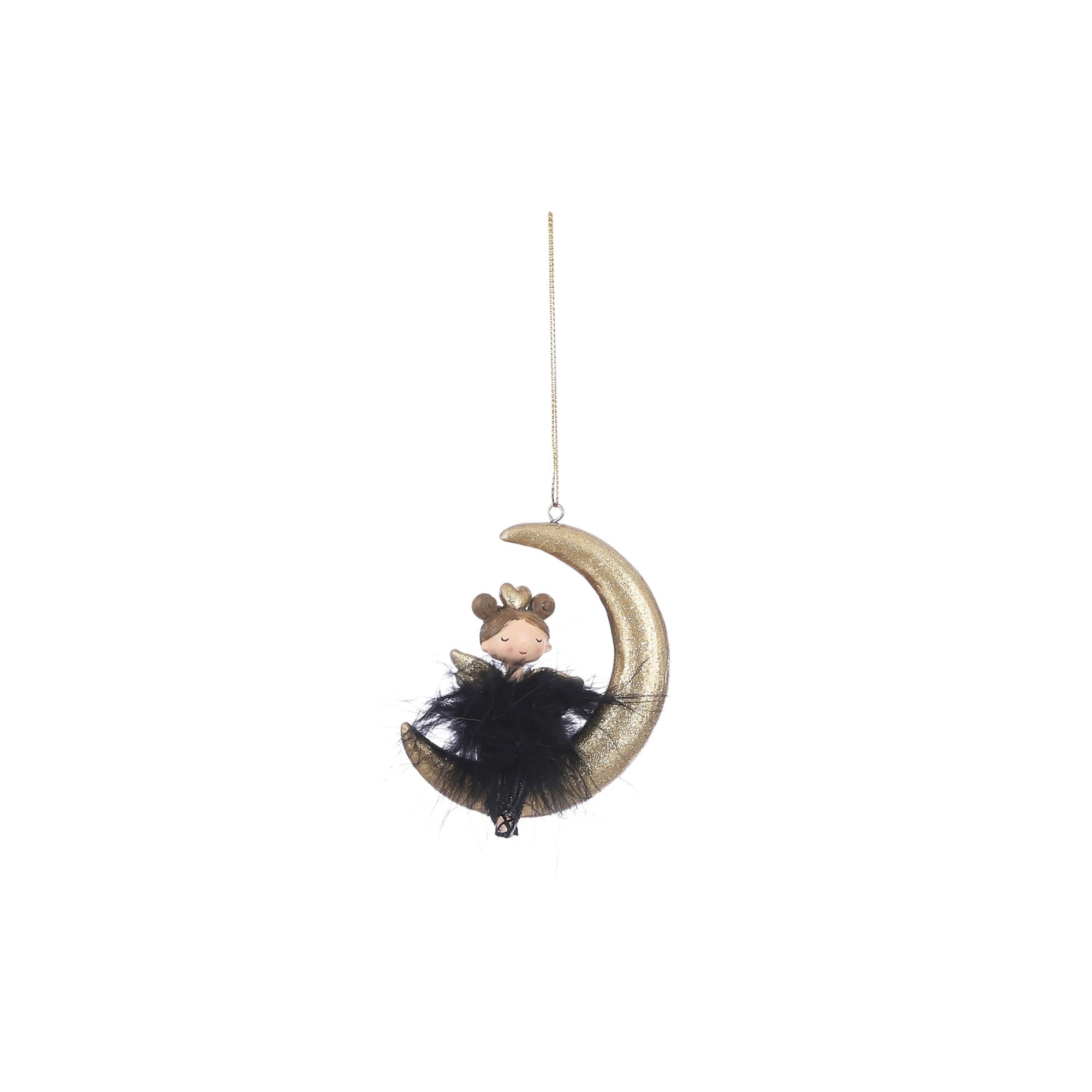 Ornament cu agatatoare, fetita/luna, negru/auriu, 6x2x9cm