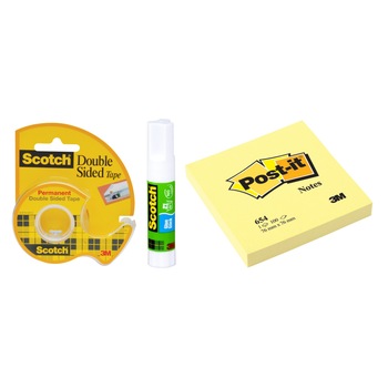 Pachet Banda dublu adeziva Scotch 3M, cu dispenser + Notes adeziv Canary Yellow, 76x76mm, 100file + Lipici Scotch 3M 8g Pachet Banda dublu adeziva Scotch 3M, cu dispenser + Notes adeziv Canary Yellow, 76x76mm, 100file + Lipici Scotch 3M 8g
