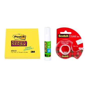 Pachet Lipici 3M 21g + Banda adeziva 19mmx7.5m, cu dispenser , SchCrystal + Notes adeziv Post-it SuperSticky, 76x76mm, 90file Pachet Lipici 3M 21g + Banda adeziva 19mmx7.5m, cu dispenser , SchCrystal + Notes adeziv Post-it SuperSticky, 76x76mm, 90file