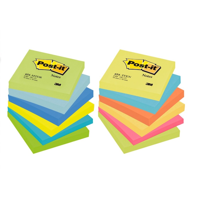 Комплект Post-it 3M: Самозалепващи листчета 76 x 76 мм, Neon Tartan, 100 бр + Самозалепващи листчета 76 x 76 мм,100 бр, Neon
