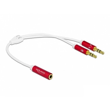 Adaptor Jack 3.5 mm la 2 x Jack Stereo pentru casca + microfon M-T (CTIA pin assignment) 20cm Alb, Delock 66523 Adaptor Jack 3.5 mm la 2 x Jack Stereo pentru casca + microfon M-T (CTIA pin assignment) 20cm Alb, Delock 66523