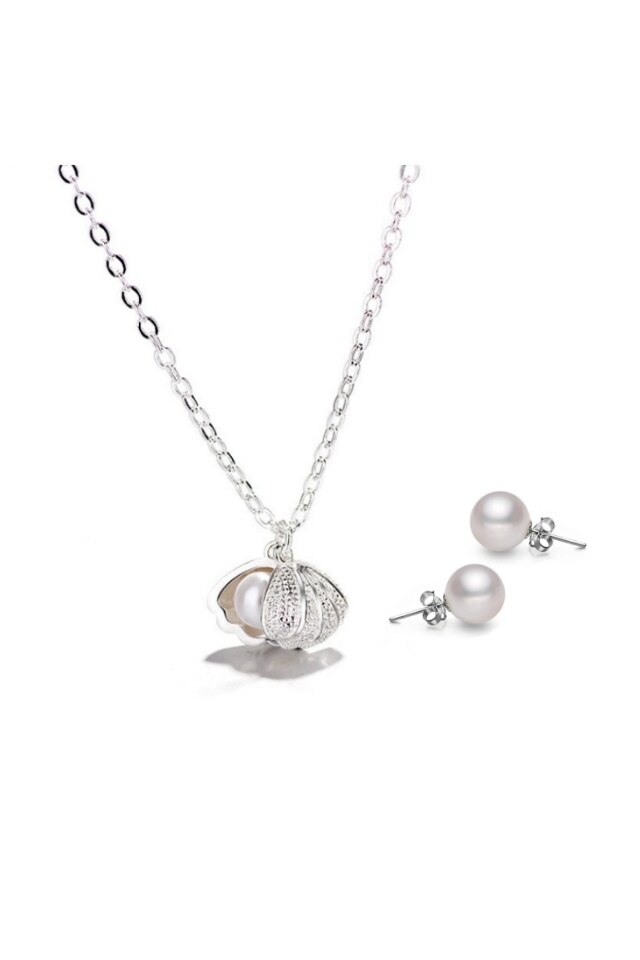 Set format din lant din argint 925 Pearl si cercei in forma de perla, 40 cm, ideal cadou, aniversare, sarbatori