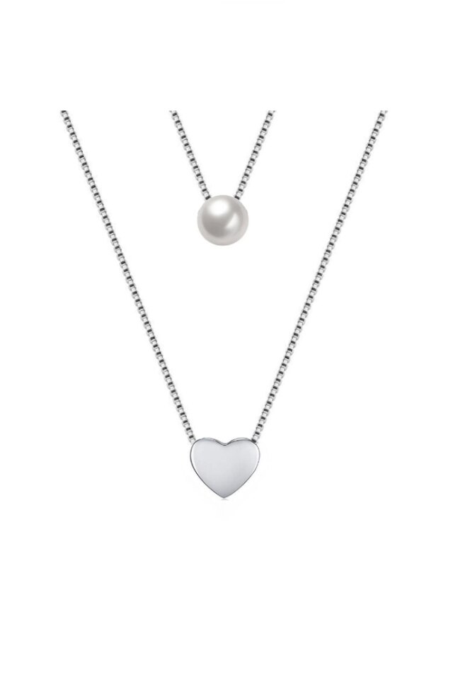 Lant dublu din argint 925 Love Pearl cu pandantiv in forma de perla si inima, 40 cm, ideal cadou, aniversare, sarbatori