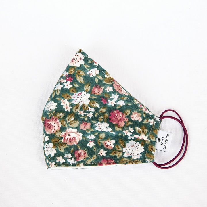 3 rétegű mosható textil maszk G3 szűrővel - Zöld rózsás - M (női) méret