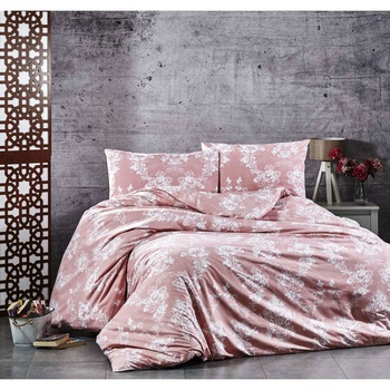 Set lenjerie de pat, cearceaf cu elastic, bumbac 100%, floral, pat dublu XXL, Alb-Roz pudra Set lenjerie de pat, cearceaf cu elastic, bumbac 100%, floral, pat dublu XXL, Alb-Roz pudra