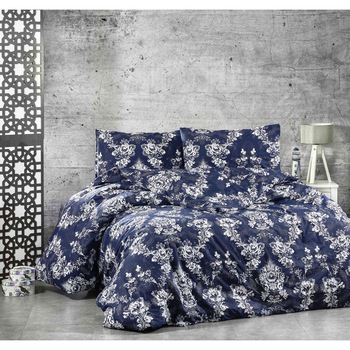 Set lenjerie de pat, cearceaf cu elastic, bumbac 100%, floral, pat dublu extra, Alb/Bleumarin Set lenjerie de pat, cearceaf cu elastic, bumbac 100%, floral, pat dublu extra, Alb/Bleumarin