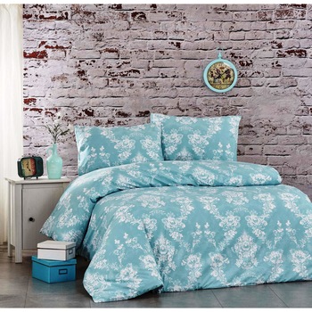 Set lenjerie de pat, cearceaf cu elastic, bumbac 100%, floral, pat dublu XXL, Alb / Verde Set lenjerie de pat, cearceaf cu elastic, bumbac 100%, floral, pat dublu XXL, Alb / Verde