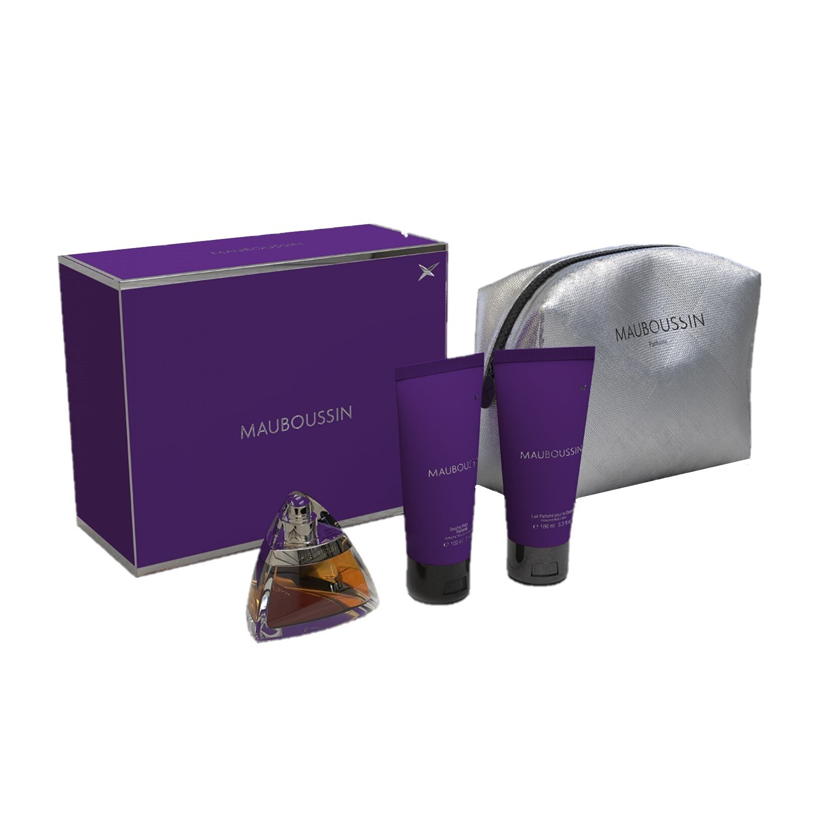 Set apa de parfum Mauboussin Femme 100 ml, lotiune de corp 100 ml, gel de dus 100 ml, geanta