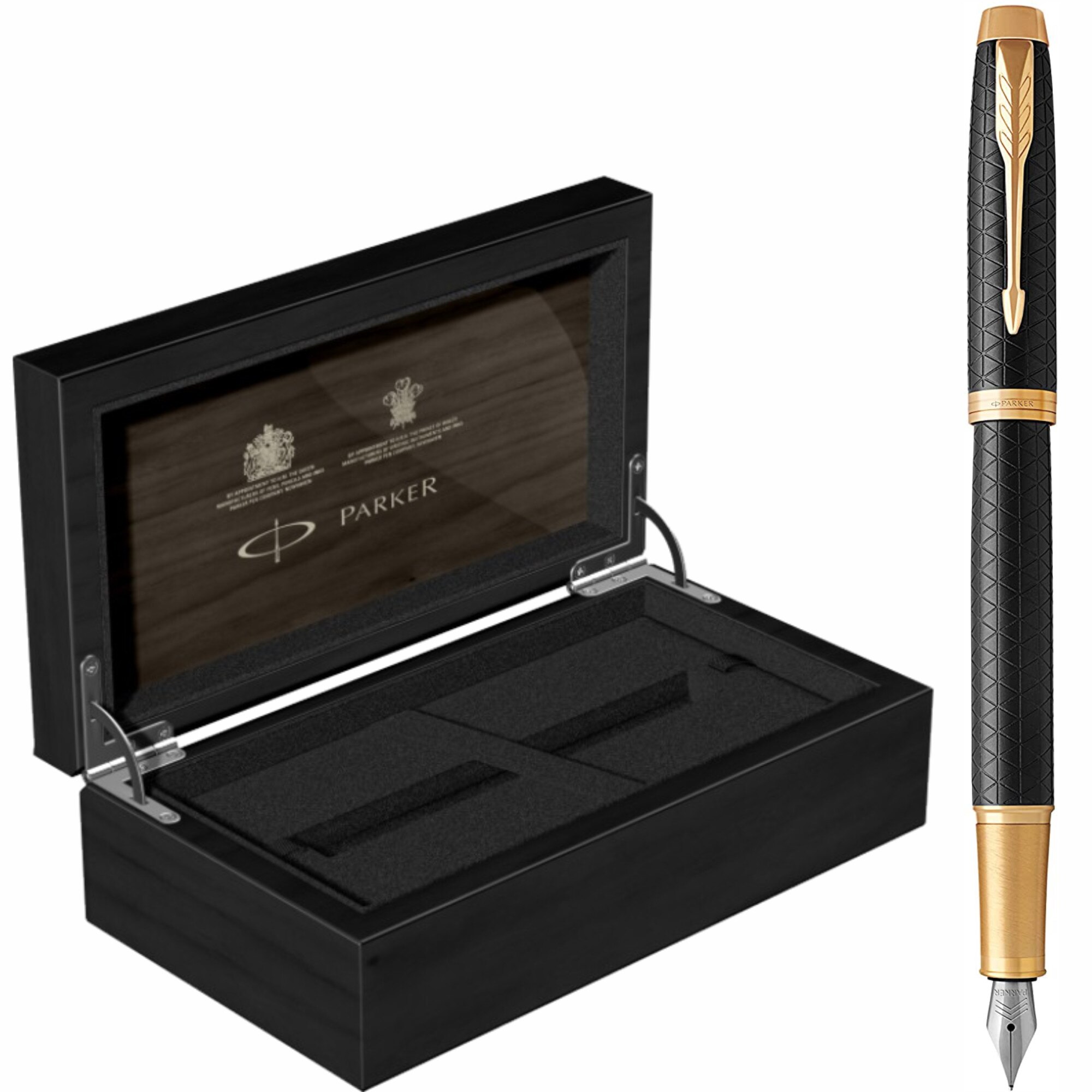 Stilou Parker IM Royal Premium Black / Gold GT Personalizat prin Gravura Laser in Cutie de Lemn Parker