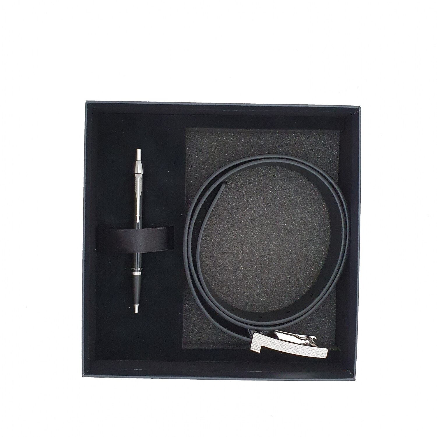 Set Parker, curea din piele si pix, lac negru