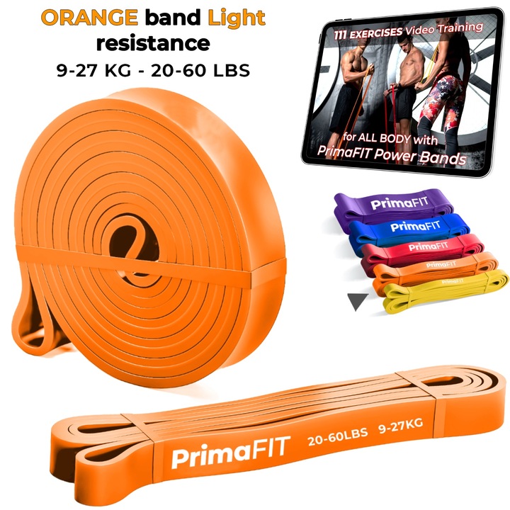 Banda Fitness Elastica Pentru Exercitii PrimaFIT, Video Cu 111 Exercitii, Antrenament, Rezistenta Pentru Forta, Coordonare, Mobilitate, Stretching, Reabilitare, 208x1.9x0.45cm, Rezistenta 9-27kg, Portocalie