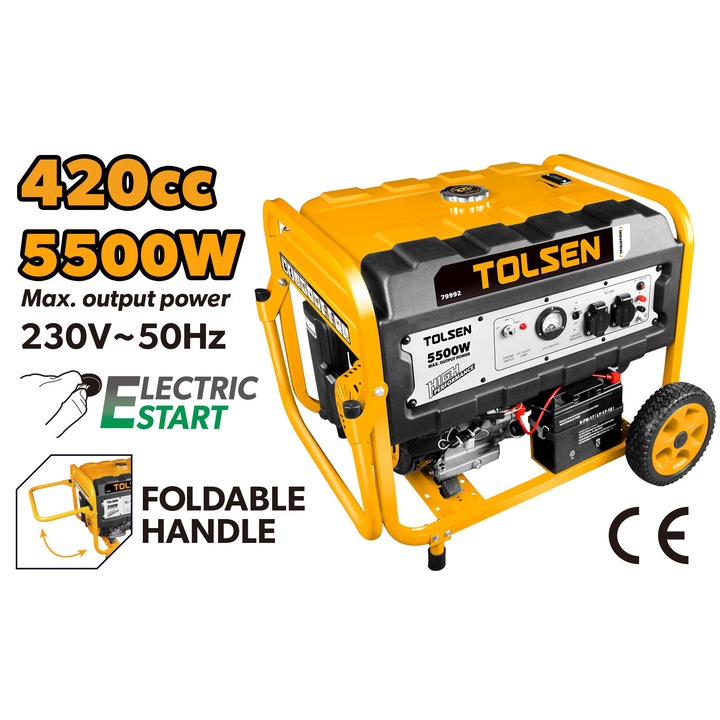 Generator electric pe benzina TOLSEN, 5500W max, 5000W nominal, 220V, Motor 4T 420cc, Rezervor 27L, Autonomie 9h, Pornire electrica si manuala, Racire cu aer, TCI, Uz casnic si industrial