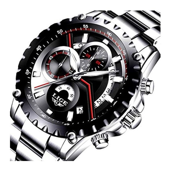 Мъжки часовник LIge Watch Steel black, хронограф, стоманен корпус, водоустойчив 3 Atm