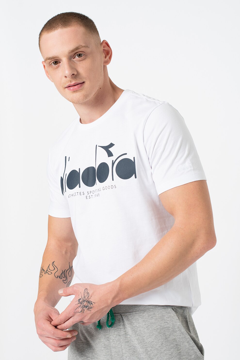 Diadora, Tricou din bumbac organic cu decolteu la baza gatului si logo 5Palle, Alb, 2XS
