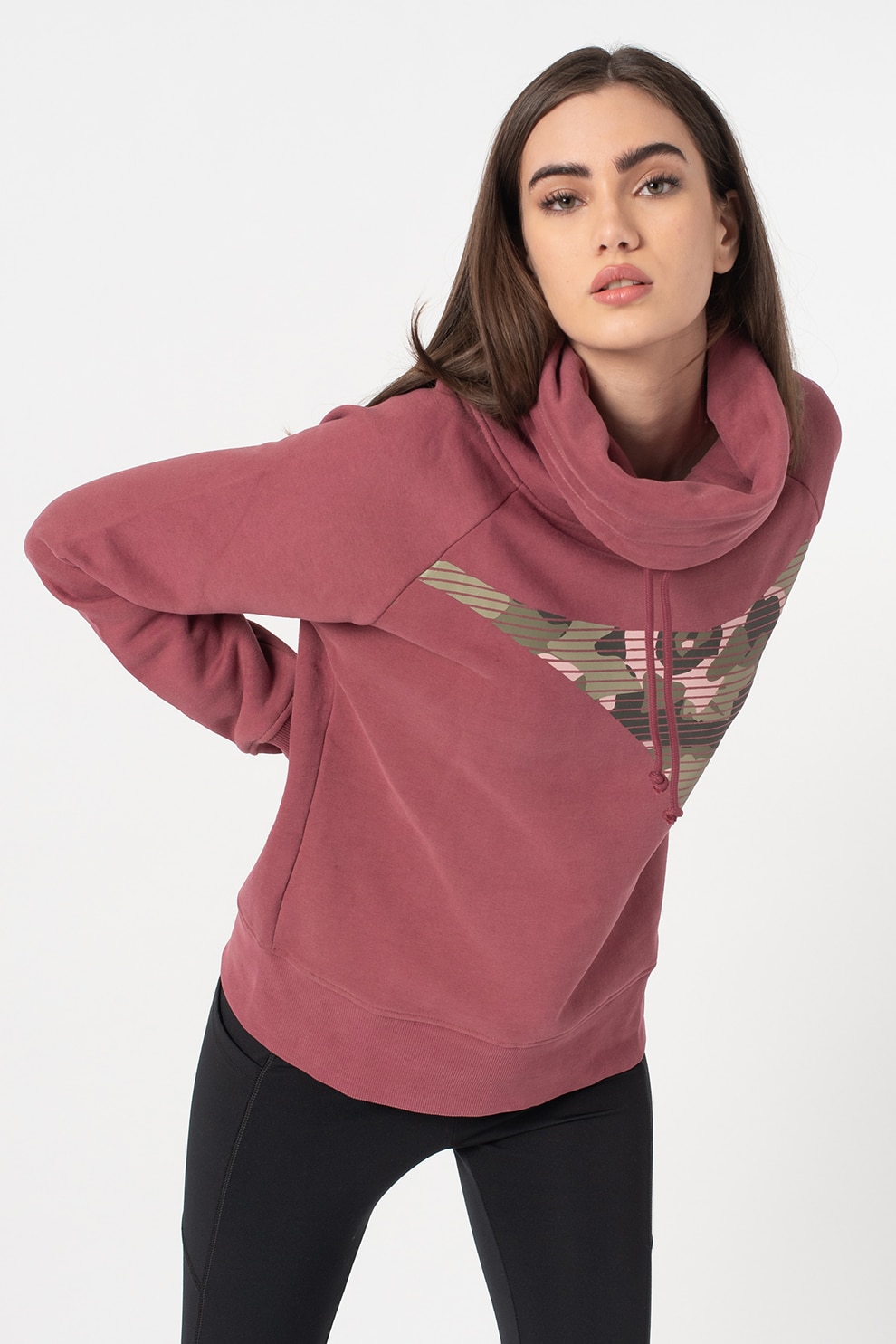 Diadora, Bluza sport cu decolteu drapat si imprimeu logo Brushed, Violet tyrian, XL